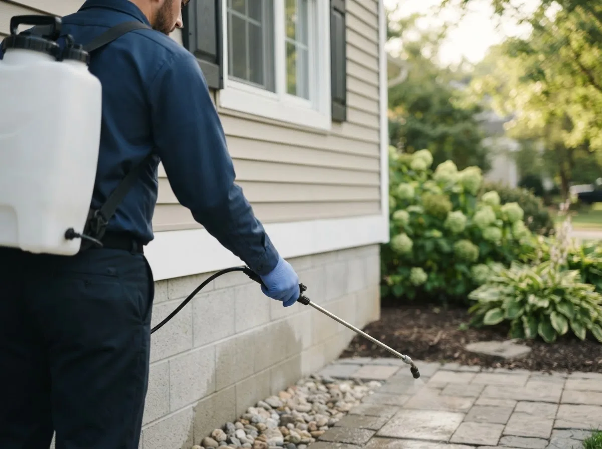 Pest control technician inspecting a home in Davilla, TX